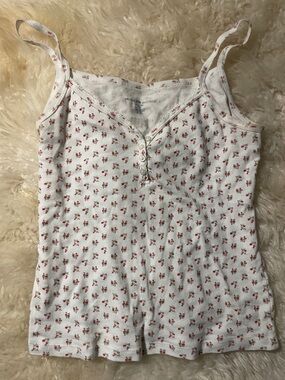 Brandy Melville White Floral Ribbed Cotton Tank with Red Print